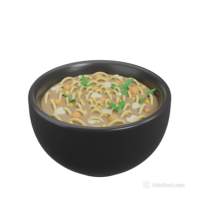 Delicious Noodle Soup in Black Bowl with Chickpeas Corn Kernels and Green Herbs 3d model 