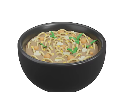 Delicious Noodle Soup in Black Bowl with Chickpeas Corn Kernels and Green Herbs 3d model