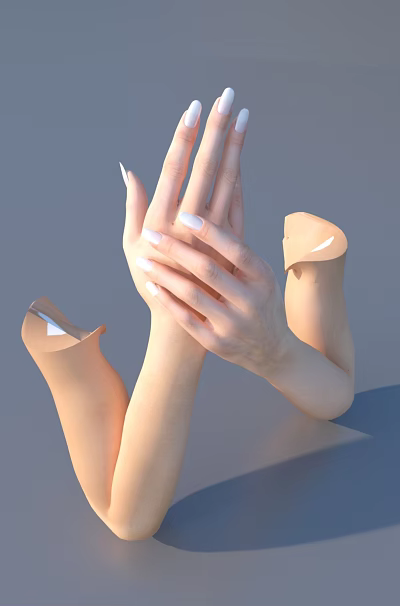 Woman's Hands With White Nail Art And Arms Emerging From Gray Floor Surface 3d model