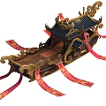Traditional Wooden Boat Featuring Elaborate Gold Carvings Blue Roof And Red Streamers With Gold Patterns