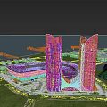 Aerial Planning View Of Twin Curved Towers Green Areas Roads And Waterfront Design