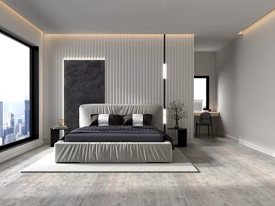 Modern Bedroom Interior Design With Large Bed Vertical Striped Wall And City View Through Window 3d model