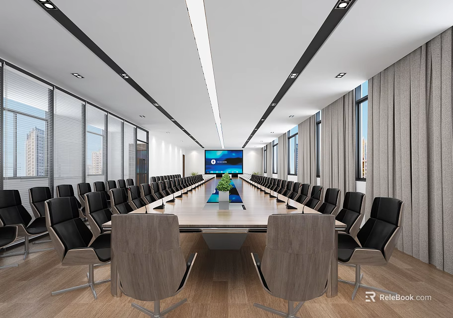 Modern Conference Room Interior With Long Table Black Chairs Green Plant Large Screen And Windows 3d model 