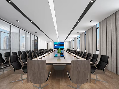 Modern Conference Room Interior With Long Table Black Chairs Green Plant Large Screen And Windows 3d model