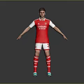 A Man Wearing Red Arsenal Jersey White Sleeves Red Shorts Striped Socks And Colorful Cleats
