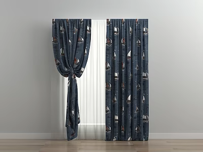 Elegant Navy Blue Curtains With Sailboat Patterns For Home Window Decoration 3d model