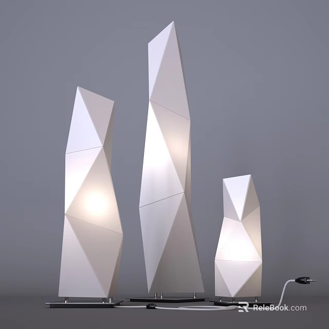 Three Geometric White Floor Lamps with Polygonal Design Illuminated Modern Interior 3d model 