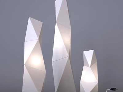 Three Geometric White Floor Lamps with Polygonal Design Illuminated Modern Interior 3d model