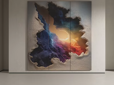 Abstract Wall Art With 3D Hole Effect Featuring Colorful Clouds And Sun 3d model