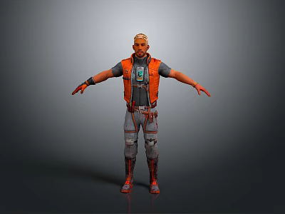 Futuristic 3D Character Model In Orange Vest With Gray Pants And Mechanical Leg Details Standing 3d model