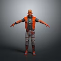 Futuristic 3D Character Model In Orange Vest With Gray Pants And Mechanical Leg Details Standing