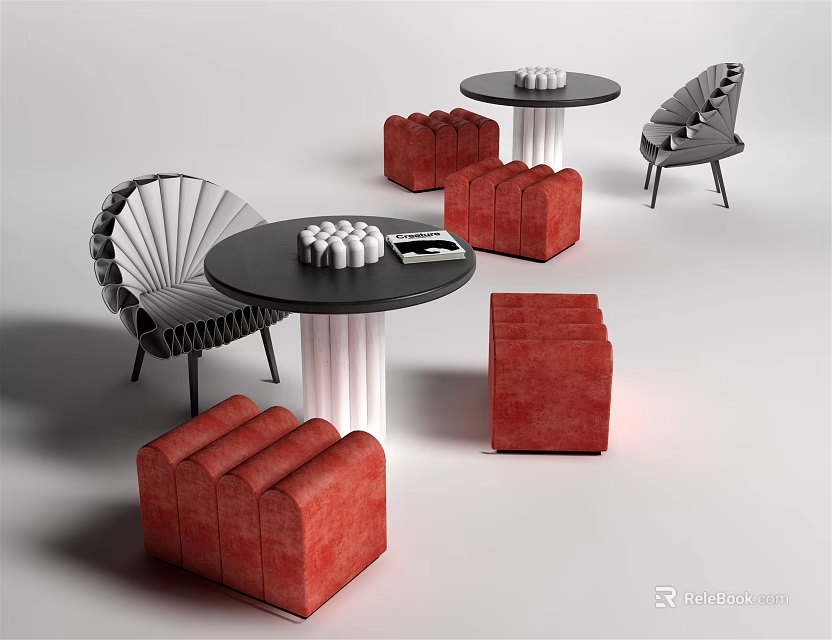 Modern Table And Chair Set With Round Black Table And Red Gray Chairs 3d model 