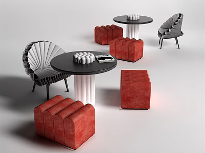 Modern Table And Chair Set With Round Black Table And Red Gray Chairs 3d model