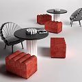 Modern Table And Chair Set With Round Black Table And Red Gray Chairs