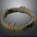 Circular Ancient City Wall Brick Structure With Battlements Red Flags And Yellow Emblems