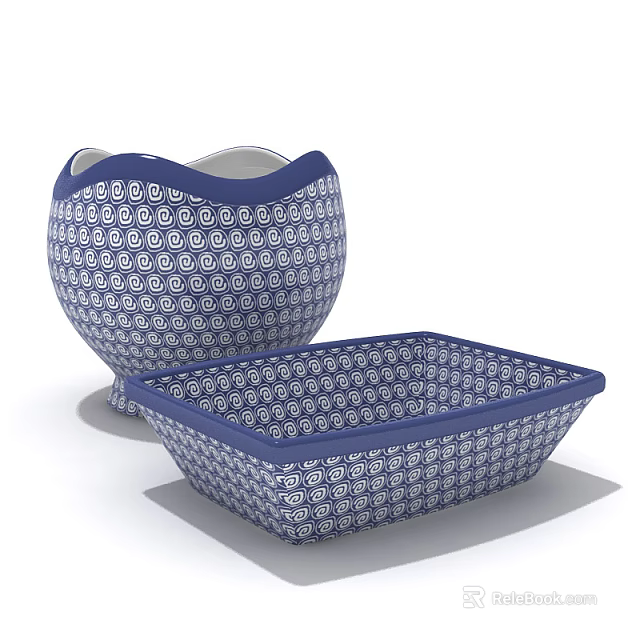 Blue and White Circular Pattern Dinnerware Set with Wave Edged Bowl and Square Plate 3d model 