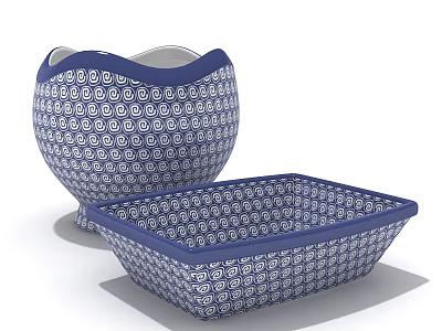 Blue and White Circular Pattern Dinnerware Set with Wave Edged Bowl and Square Plate 3d model