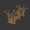 Ornate Decorative Bridge Structure With Red Orange Accents Blue Patterns And Hanging Lanterns