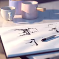 Marble Top Dining Table with Sketchbook with Drawings Cups and Pen Near Gray Sofa
