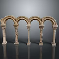Scenic Classical Landscape With Stone Arches Carved Columns And Smooth Ground Reflections
