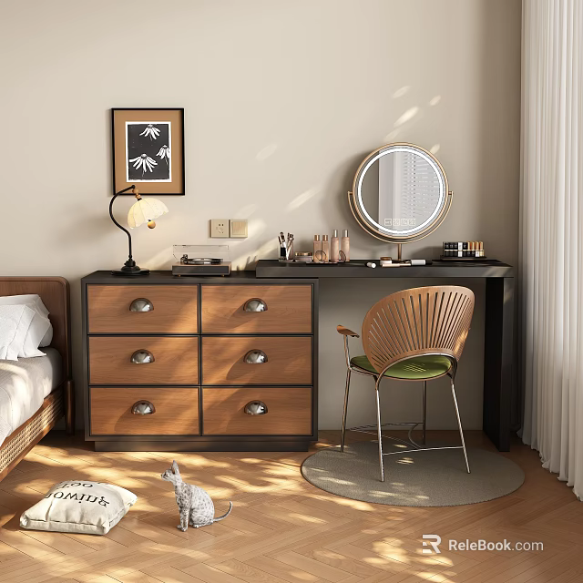 Wooden Dressing Table With Round Mirror Table Lamp Cosmetics And Green Cushioned Chair 3d model 