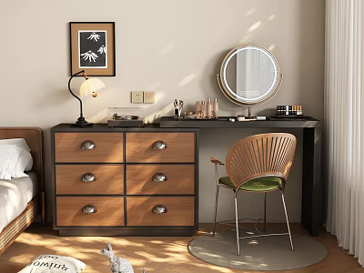 Wooden Dressing Table With Round Mirror Table Lamp Cosmetics And Green Cushioned Chair 3d model