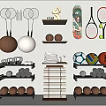Organized Sports Equipment Display With Various Rackets Balls Skateboard And Storage Racks