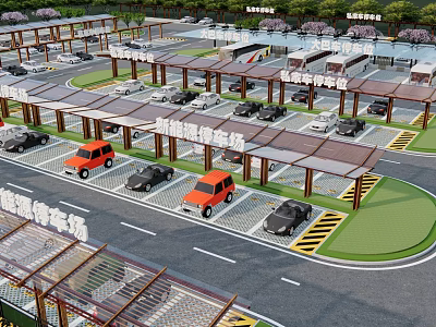 Eco Friendly Parking Lot With Shaded Canopies Green Landscaping And Solar Panels 3d model