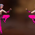 Three Angles Of 3D Character With Blue Green Hair And Purple Outfit In Dynamic Poses