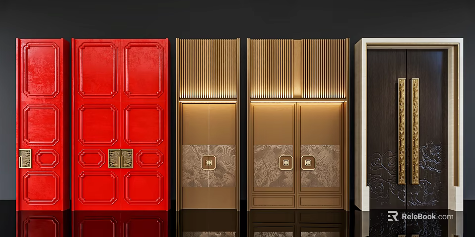 Various Stylish Double Doors With Red Golden And Dark Colored Designs For Home Interior 3d model 