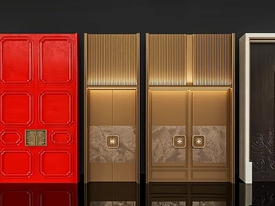 Various Stylish Double Doors With Red Golden And Dark Colored Designs For Home Interior 3d model