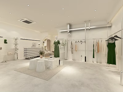 Modern Clothing Store Interior With Green Dress Mannequin Hanging Clothes And Display Racks 3d model
