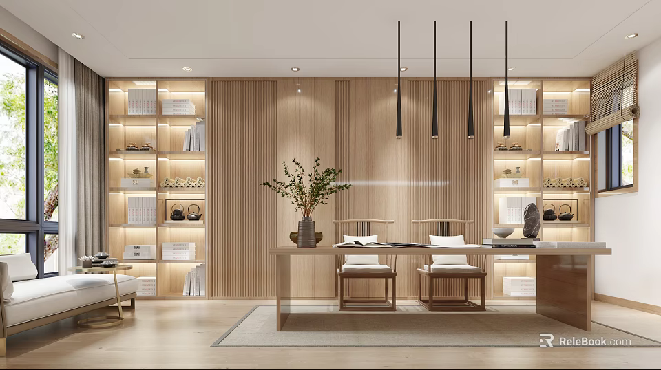 Modern Study Room Interior With Wooden Wall Panels Bookshelves Desk Chairs And Pendant Lights 3d model 