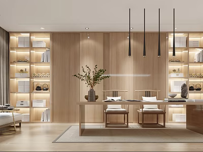 Modern Study Room Interior With Wooden Wall Panels Bookshelves Desk Chairs And Pendant Lights 3d model