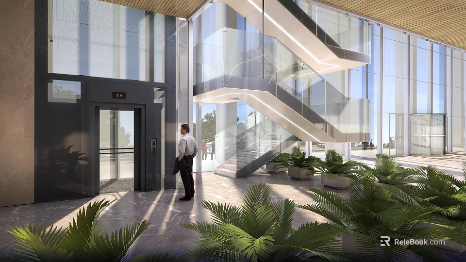 Modern Service Hall Interior With Glass Curtain Wall Elevator Staircase Green Plants And Businessman 3d model 