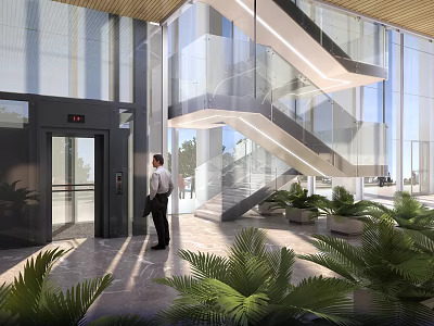 Modern Service Hall Interior With Glass Curtain Wall Elevator Staircase Green Plants And Businessman 3d model