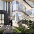 Modern Service Hall Interior With Glass Curtain Wall Elevator Staircase Green Plants And Businessman