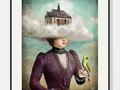 Surreal Vintage Woman In Purple Coat With Cloud Top Castle And Green Parrot 3d model