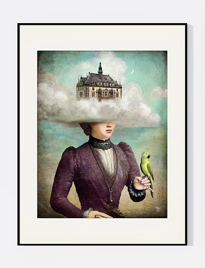 Surreal Vintage Woman In Purple Coat With Cloud Top Castle And Green Parrot 3d model