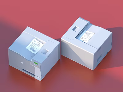 Two Gray Label Printers With Papers Placed On Red Background Surface 3d model