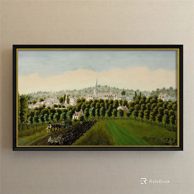 Vintage Landscape Painting With Town Church Steeple Trees Fields And Horse Drawn Cart 3d model 