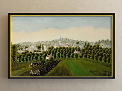 Vintage Landscape Painting With Town Church Steeple Trees Fields And Horse Drawn Cart 3d model