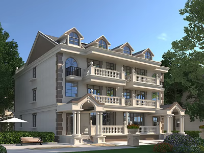 Classic Style Townhouse with Multiple Balconies Lush Green Surroundings Front Porch and Arched Windows 3d model