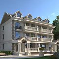 Classic Style Townhouse with Multiple Balconies Lush Green Surroundings Front Porch and Arched Windows