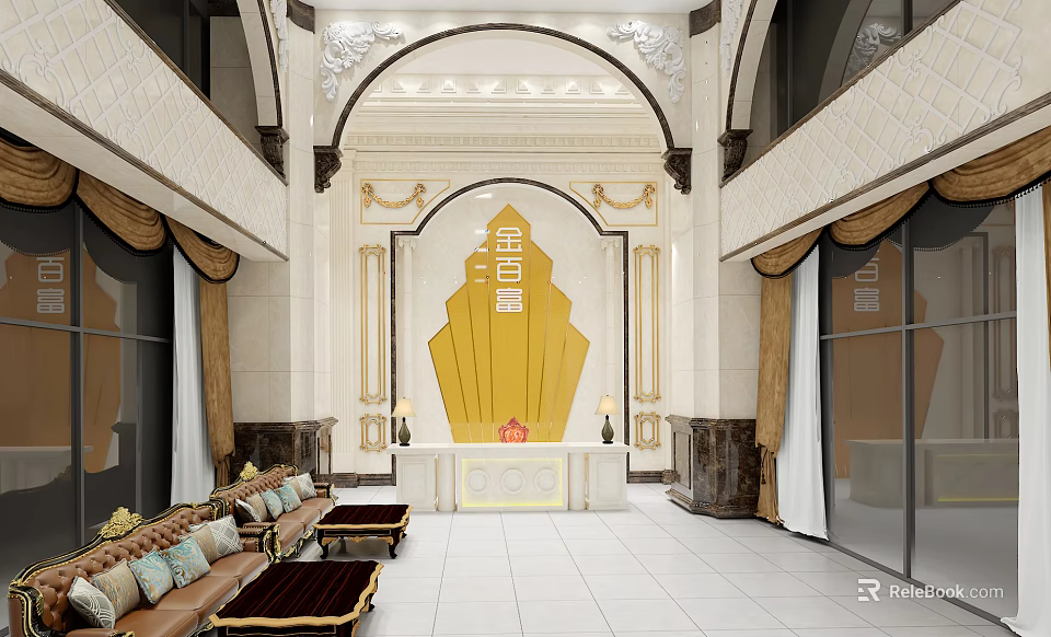 Luxurious Hotel Lobby Interior With Golden Accents Marble Flooring And Elegant Sofas 3d model 