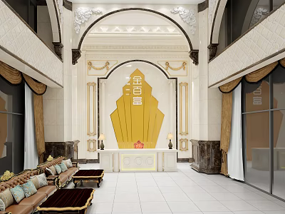 Luxurious Hotel Lobby Interior With Golden Accents Marble Flooring And Elegant Sofas 3d model