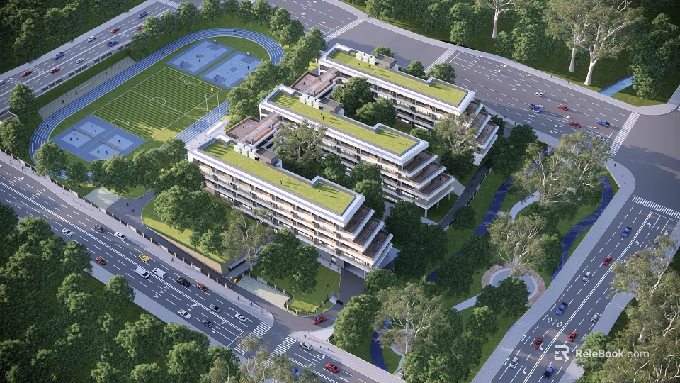 Modern School Building Design With Green Roof And Surrounding Trees And Roads 3d model 