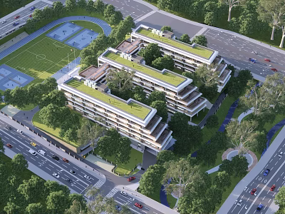 Modern School Building Design With Green Roof And Surrounding Trees And Roads 3d model