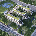 Modern School Building Design With Green Roof And Surrounding Trees And Roads