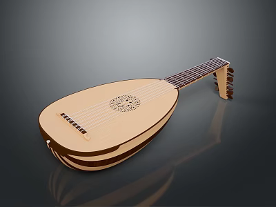 Traditional Pear Shaped Wooden Lute Instrument for Home with Carved Pattern and Strings 3d model